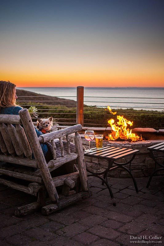 ocean view dog-friendly restaurant patio with fire pits