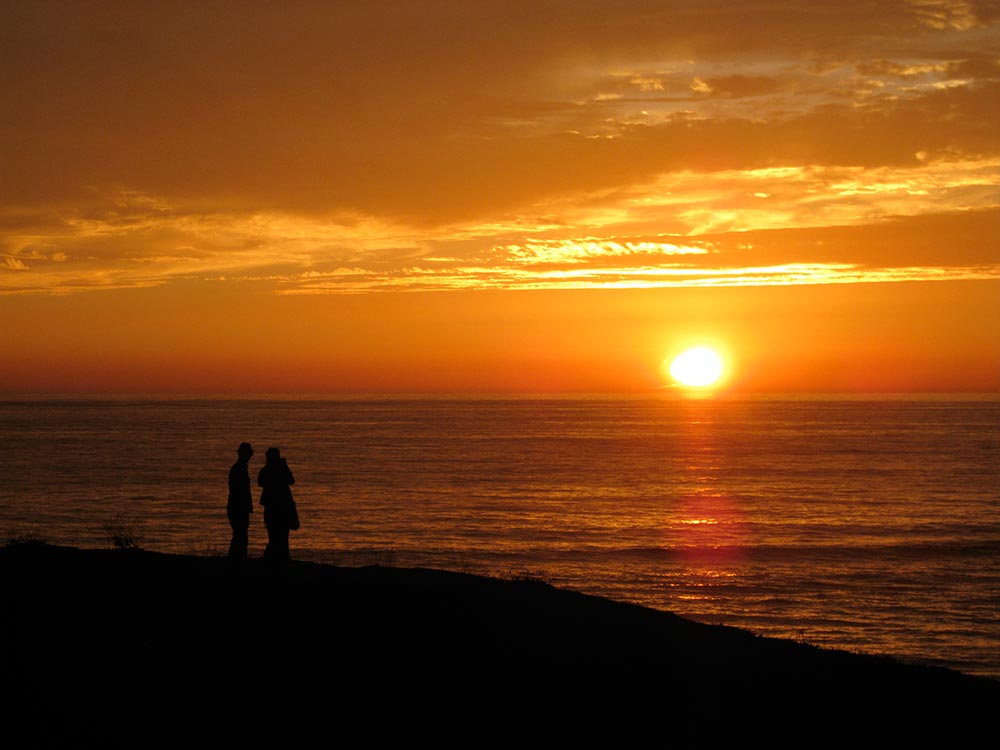 Couple On Bluff In Front Of Moss Beach Distillery At Sunset